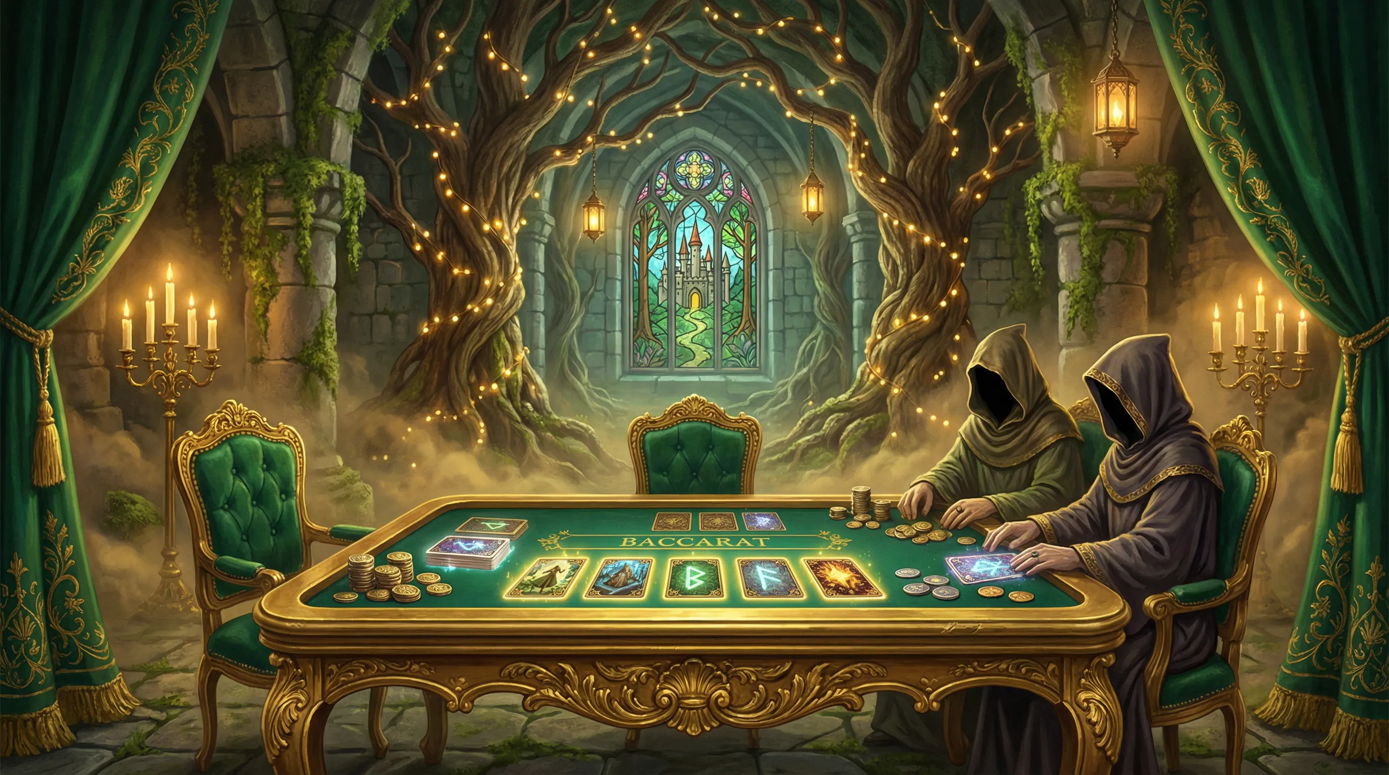 Mesa de bacará elegante com cartas douradas no Vaidebet